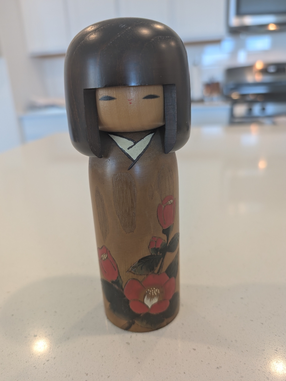 Handcrafted Wooden Kokeshi Doll in Brown and Red - Traditional Home Accent